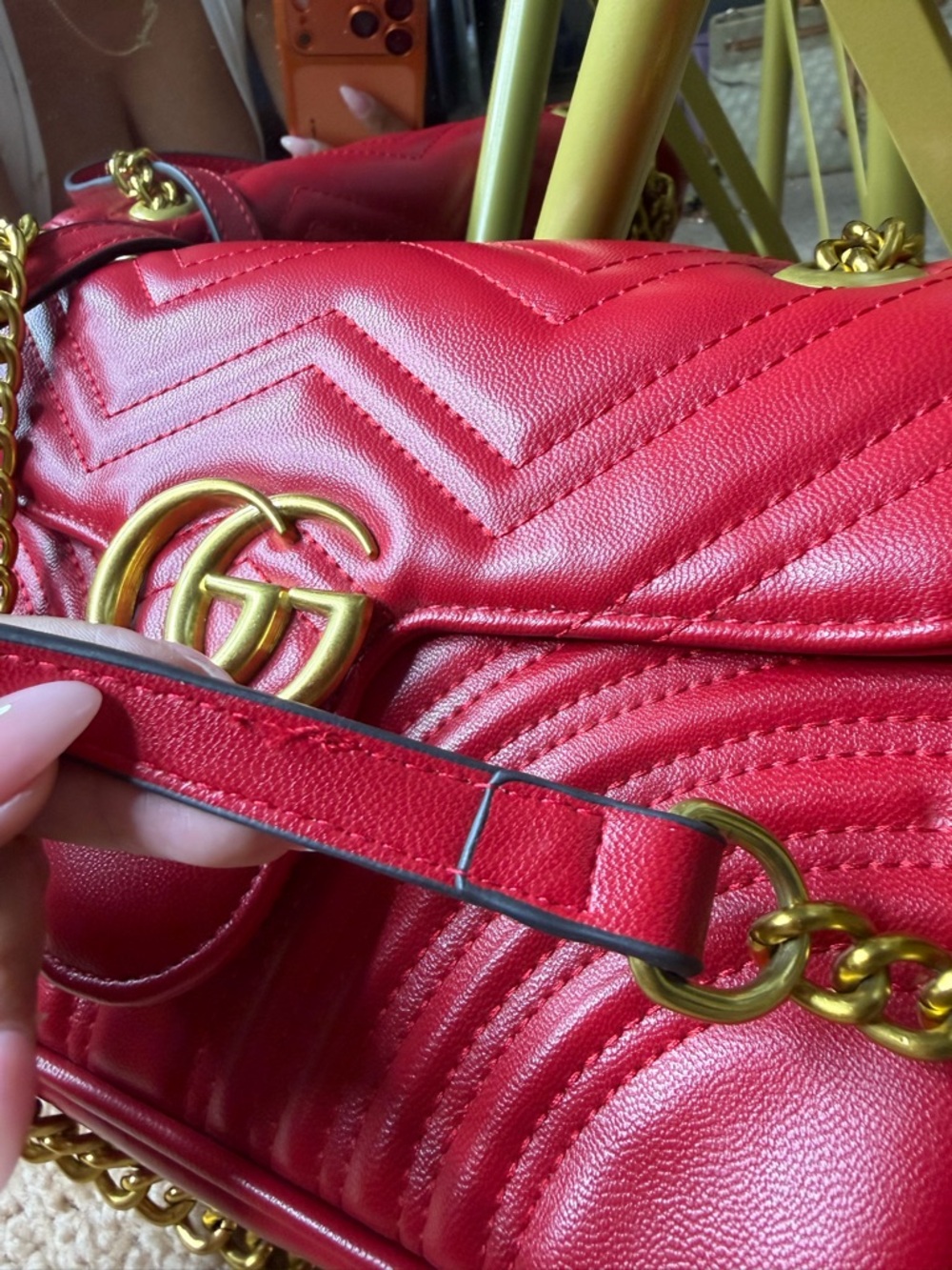 Red Quilted GG Style Gold Chain Shoulder Bag Chevron Heart Detail ❤️✨ - Picture 9 of 13